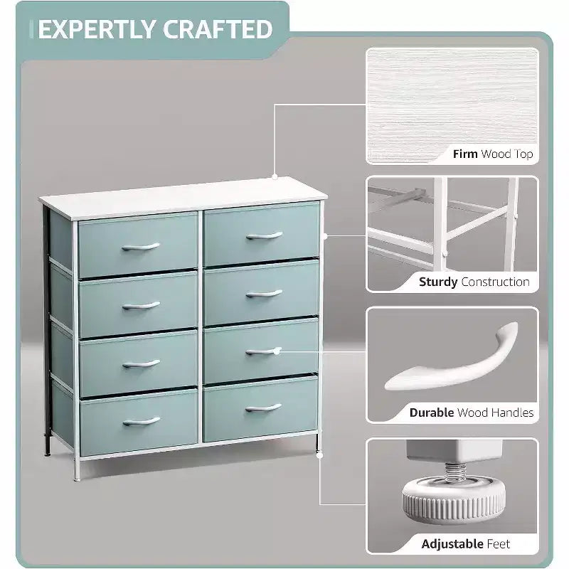 Commode en tissu à 8 tiroirs avec cadre en acier et plateau en bois