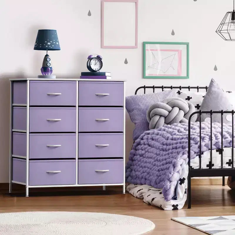 Commode en tissu à 8 tiroirs avec cadre en acier et plateau en bois