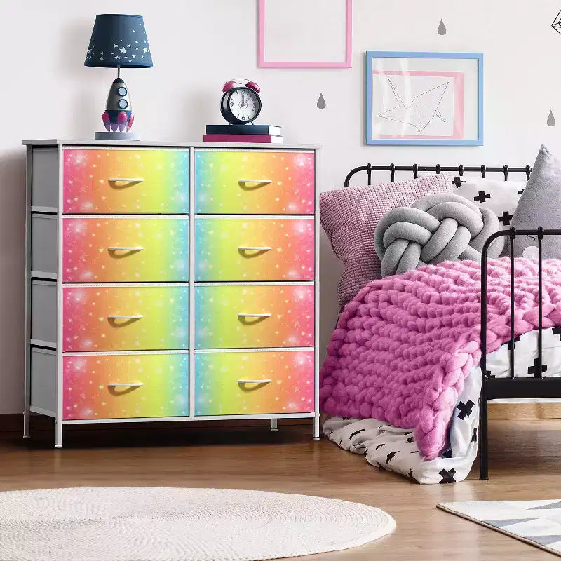 Commode en tissu à 8 tiroirs avec cadre en acier et plateau en bois