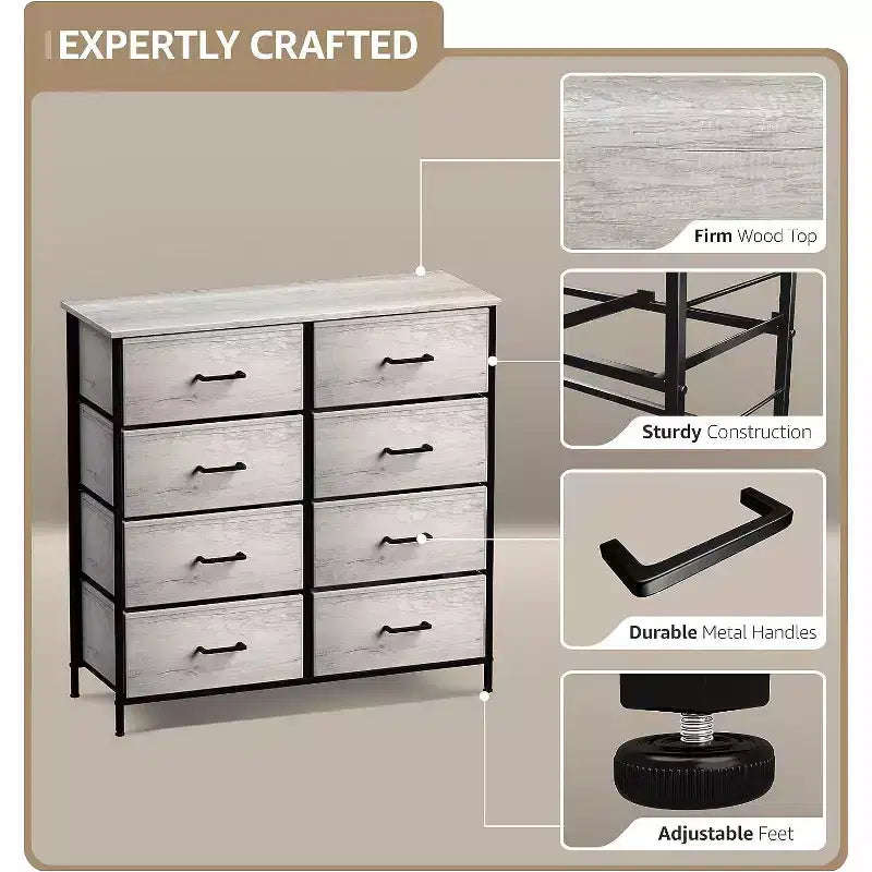 Commode en tissu à 8 tiroirs avec cadre en acier et plateau en bois