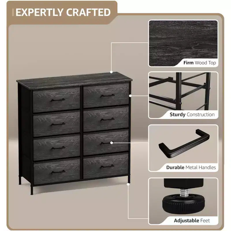 Commode en tissu à 8 tiroirs avec cadre en acier et plateau en bois