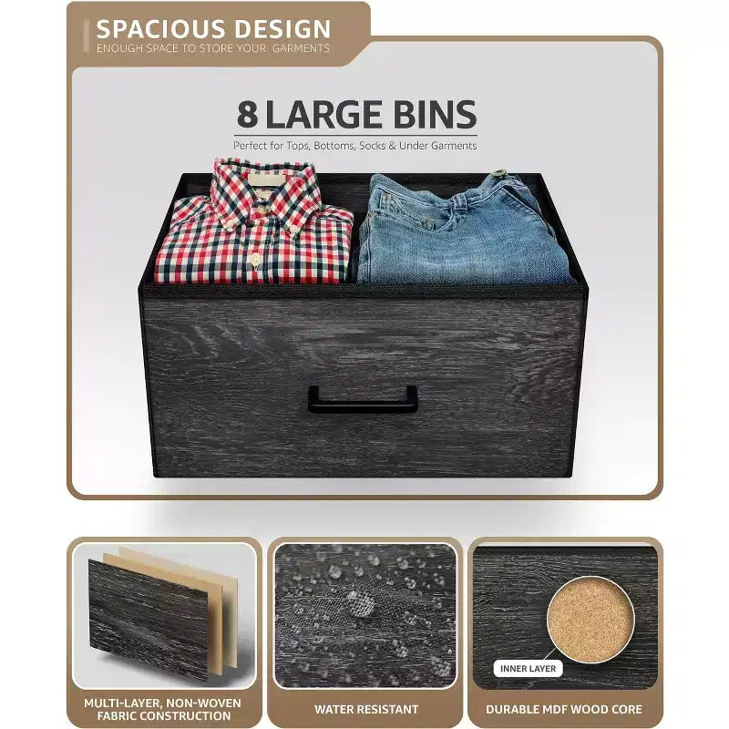 Commode en tissu à 8 tiroirs avec cadre en acier et plateau en bois