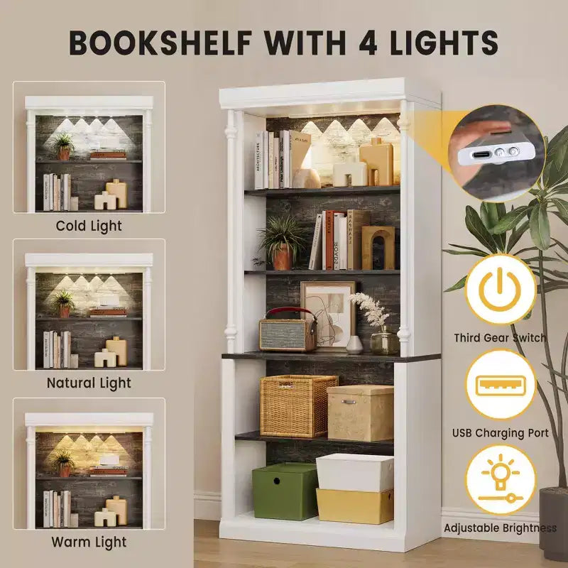 Bibliothèque à 5 niveaux avec armoire de rangement et éclairage LED