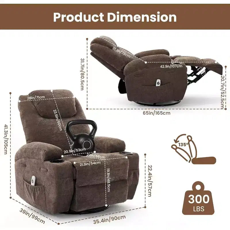 Fauteuil inclinable, pivotant à 360°, avec fonction massage et chauffage