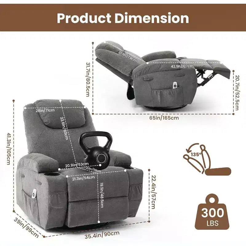 Fauteuil inclinable, pivotant à 360°, avec fonction massage et chauffage