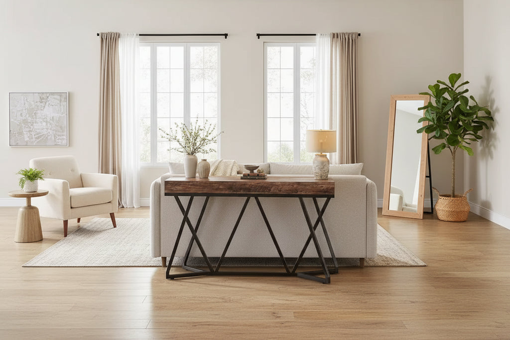 Lantine 55 Console Tables for Entryway, Industrial Wooden Sofa Table, Entryway Furniture with Geometric Metal Base for Living Room, Hallway