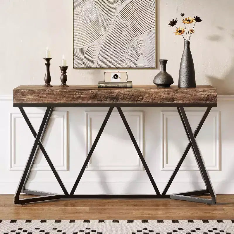 55" Console Table with Geometric Metal Base