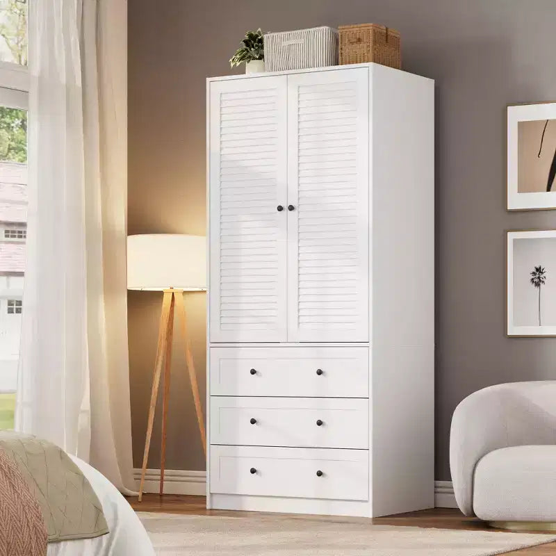 Armoire-penderie avec 3 tiroirs et 2 portes, meuble de rangement en bois pour chambre à coucher, armoire autoportante