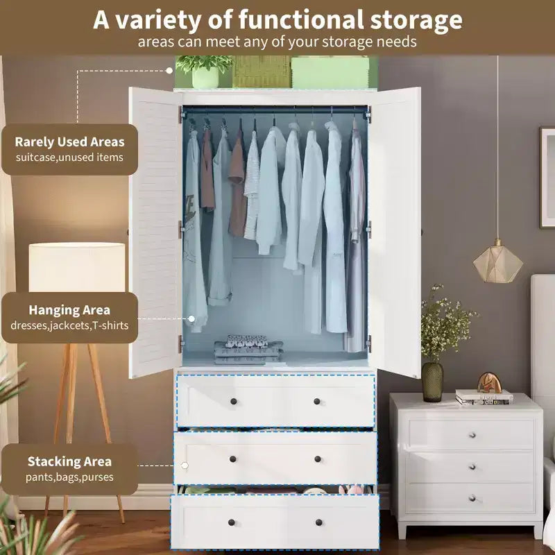 Armoire-penderie avec 3 tiroirs et 2 portes, meuble de rangement en bois pour chambre à coucher, armoire autoportante