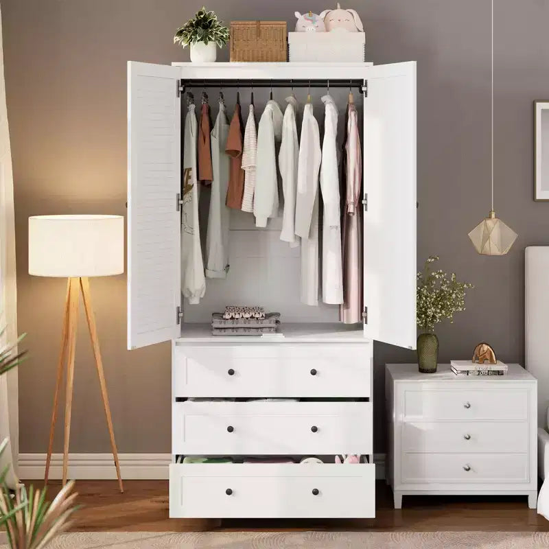 Armoire-penderie avec 3 tiroirs et 2 portes, meuble de rangement en bois pour chambre à coucher, armoire autoportante