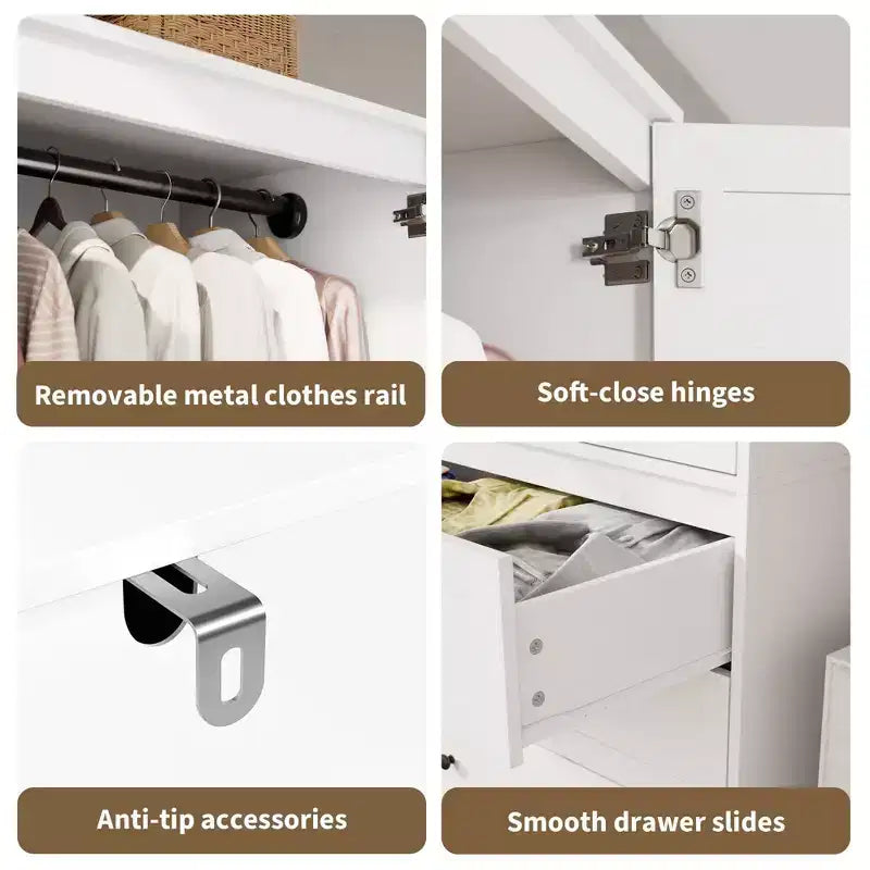 Armoire-penderie avec 3 tiroirs et 2 portes, meuble de rangement en bois pour chambre à coucher, armoire autoportante