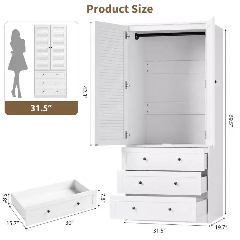 Armoire-penderie avec 3 tiroirs et 2 portes, meuble de rangement en bois pour chambre à coucher, armoire autoportante