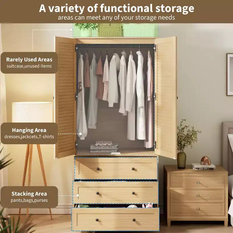 Armoire-penderie avec 3 tiroirs et 2 portes, meuble de rangement en bois pour chambre à coucher, armoire autoportante