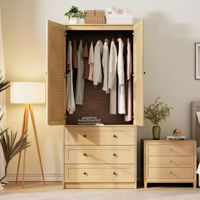 Armoire-penderie avec 3 tiroirs et 2 portes, meuble de rangement en bois pour chambre à coucher, armoire autoportante