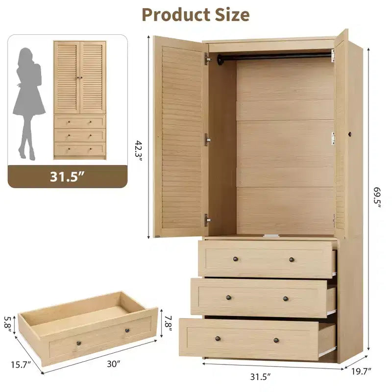 Armoire-penderie avec 3 tiroirs et 2 portes, meuble de rangement en bois pour chambre à coucher, armoire autoportante
