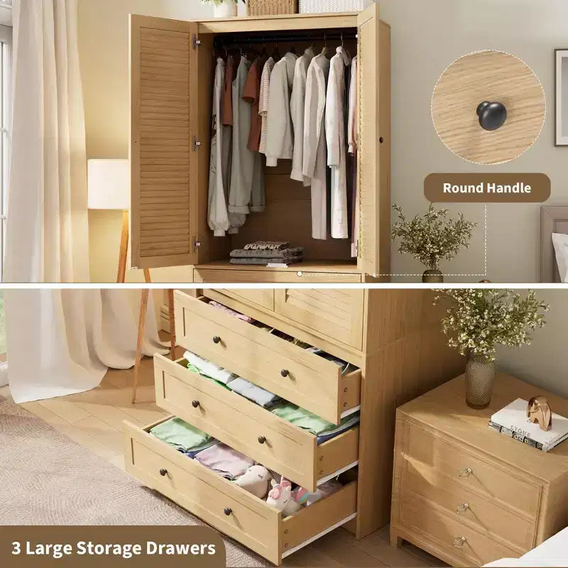 Armoire-penderie avec 3 tiroirs et 2 portes, meuble de rangement en bois pour chambre à coucher, armoire autoportante