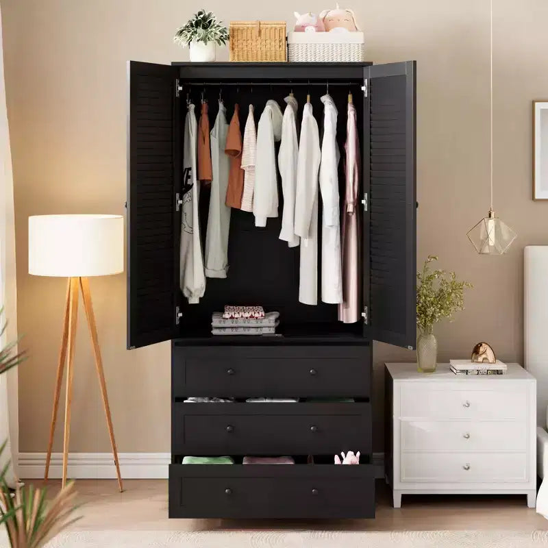 Armoire-penderie avec 3 tiroirs et 2 portes, meuble de rangement en bois pour chambre à coucher, armoire autoportante