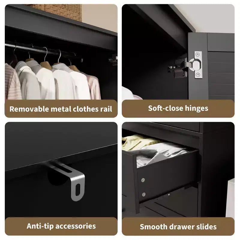 Armoire-penderie avec 3 tiroirs et 2 portes, meuble de rangement en bois pour chambre à coucher, armoire autoportante