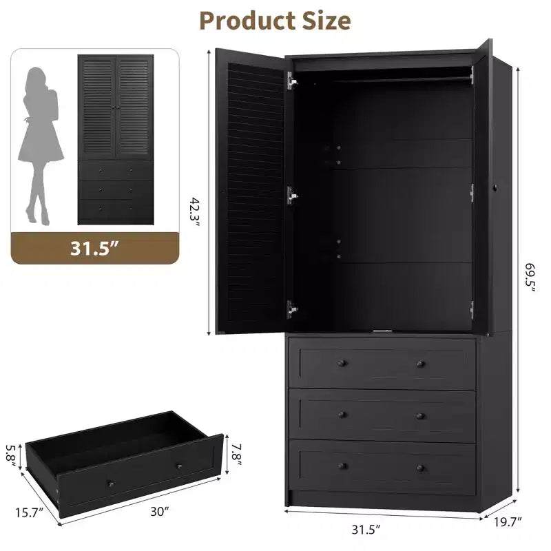 Armoire-penderie avec 3 tiroirs et 2 portes, meuble de rangement en bois pour chambre à coucher, armoire autoportante