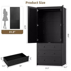 Armoire-penderie avec 3 tiroirs et 2 portes, meuble de rangement en bois pour chambre à coucher, armoire autoportante