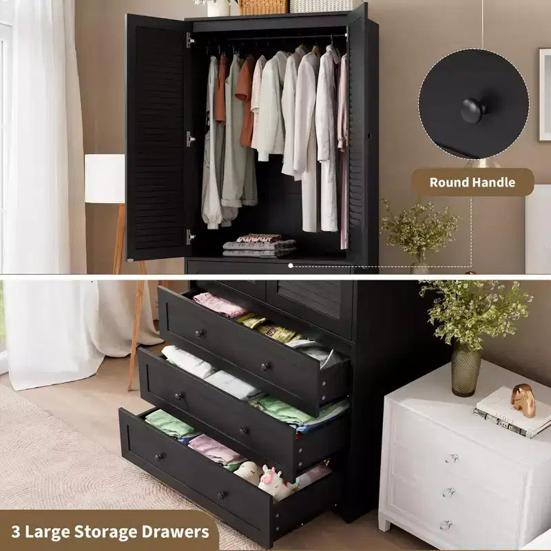 Armoire-penderie avec 3 tiroirs et 2 portes, meuble de rangement en bois pour chambre à coucher, armoire autoportante