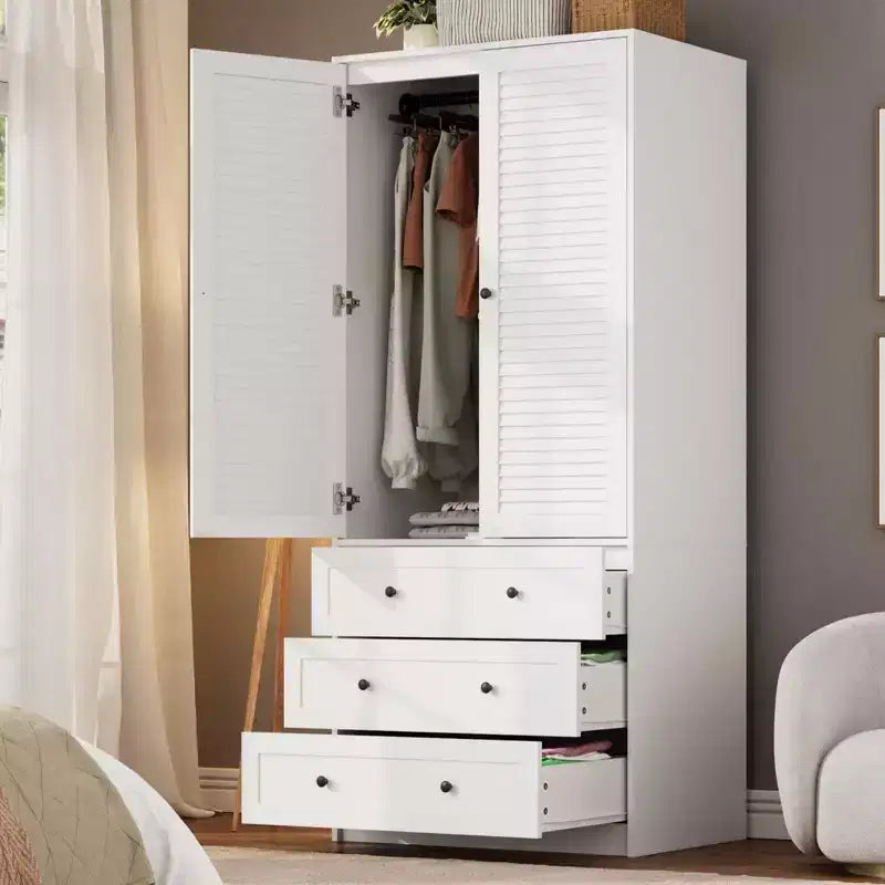 Armoire Wardrobe with 3 Drawers and 2 Doors, Wooden Closet Cabinet for Bedroom, Standing Storage Wardrobe