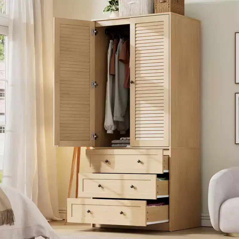 Armoire Wardrobe with 3 Drawers and 2 Doors, Wooden Closet Cabinet for Bedroom, Standing Storage Wardrobe