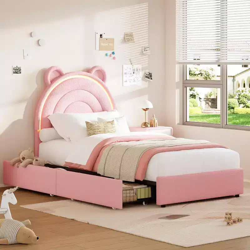 Twin Size Platform Bed Frame with Storage Drawers and LED Headboard