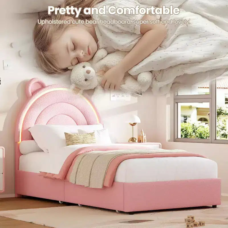 Twin Size Platform Bed Frame with Storage Drawers and LED Headboard