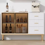Buffet de cuisine avec 3 tiroirs et portes vitrées | Meuble de rangement avec plateau en faux marbre