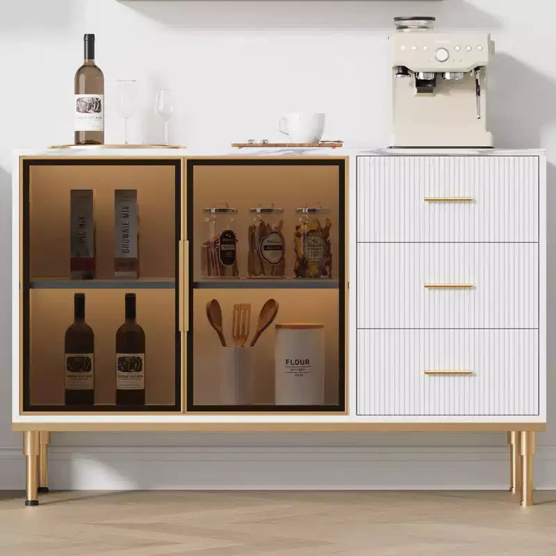 Buffet de cuisine avec 3 tiroirs et portes vitrées | Meuble de rangement avec plateau en faux marbre