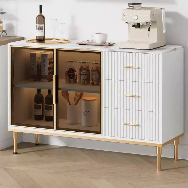 Buffet de cuisine avec 3 tiroirs et portes vitrées | Meuble de rangement avec plateau en faux marbre