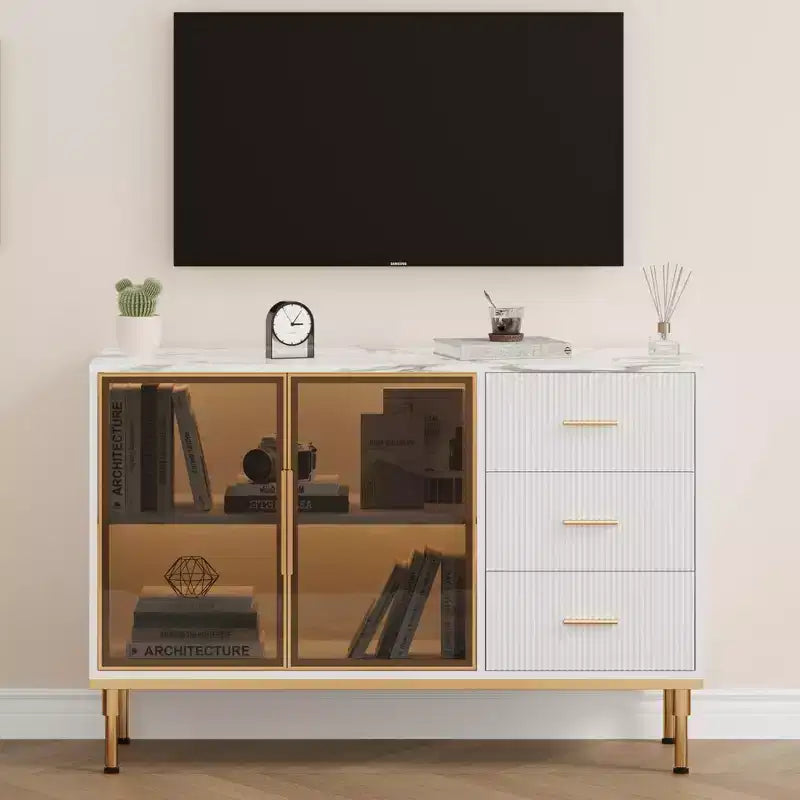 Buffet de cuisine avec 3 tiroirs et portes vitrées | Meuble de rangement avec plateau en faux marbre