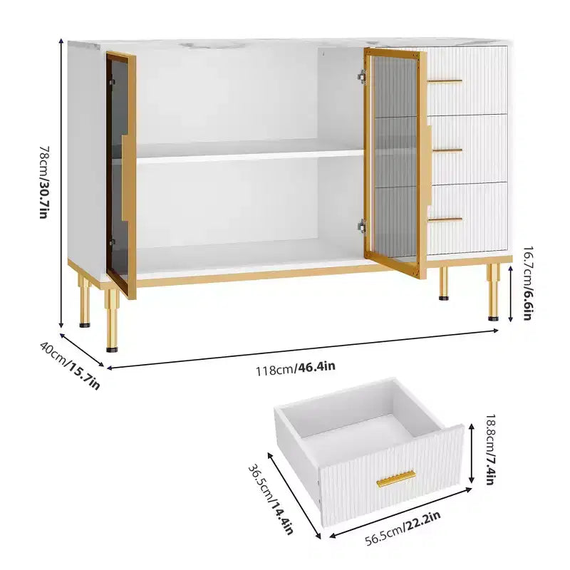 Buffet de cuisine avec 3 tiroirs et portes vitrées | Meuble de rangement avec plateau en faux marbre