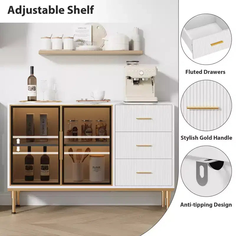 Buffet de cuisine avec 3 tiroirs et portes vitrées | Meuble de rangement avec plateau en faux marbre