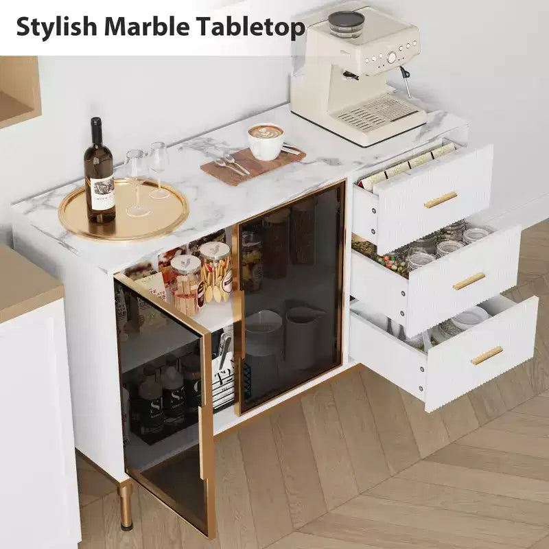 Buffet de cuisine avec 3 tiroirs et portes vitrées | Meuble de rangement avec plateau en faux marbre