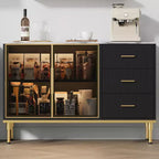 Buffet de cuisine avec 3 tiroirs et portes vitrées | Meuble de rangement avec plateau en faux marbre
