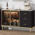 Buffet de cuisine avec 3 tiroirs et portes vitrées | Meuble de rangement avec plateau en faux marbre