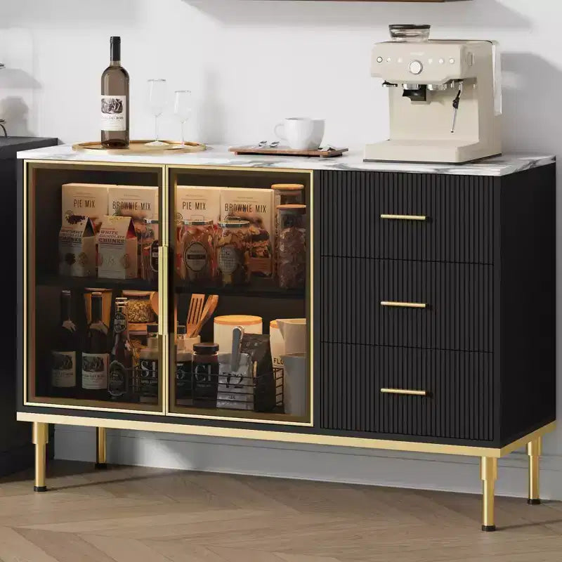 Sideboard Buffet Cabinet with 3 Drawers & Glass Doors | Faux Marble Top Storage Cabinet