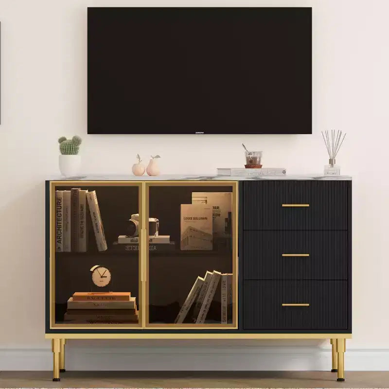 Sideboard Buffet Cabinet with 3 Drawers & Glass Doors | Faux Marble Top Storage Cabinet