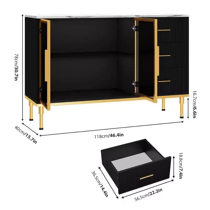 Sideboard Buffet Cabinet with 3 Drawers & Glass Doors | Faux Marble Top Storage Cabinet