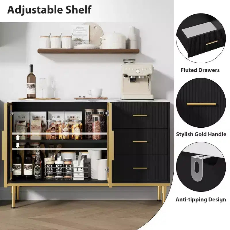 Buffet de cuisine avec 3 tiroirs et portes vitrées | Meuble de rangement avec plateau en faux marbre