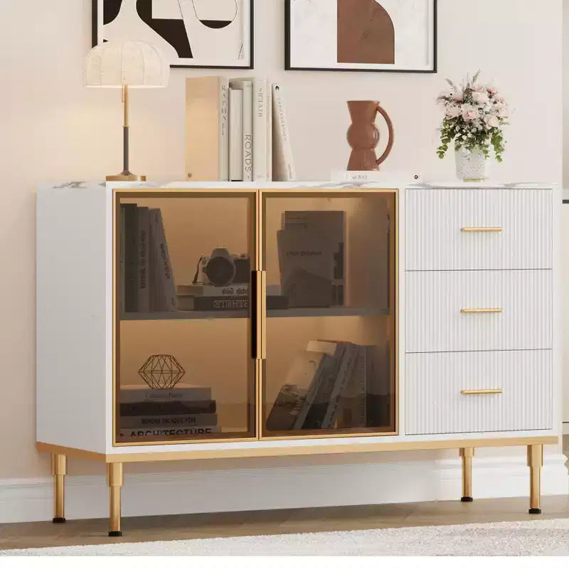 Sideboard Buffet Cabinet with 3 Drawers & Glass Doors | Faux Marble Top Storage Cabinet