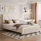 Lit plateforme tapissé double/complet avec tête de lit réglable et bande lumineuse LED