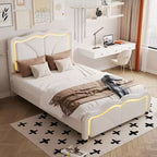 Lit plateforme tapissé double/complet avec tête de lit réglable et bande lumineuse LED