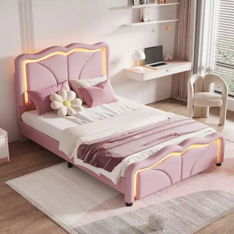 Twin/Full Upholstered Platform Bed with Adjustable Headboard and LED Light Strip