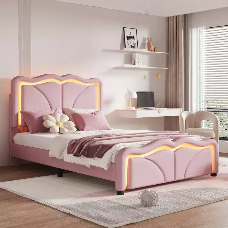 Lit plateforme tapissé double/complet avec tête de lit réglable et bande lumineuse LED