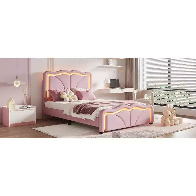 Twin/Full Upholstered Platform Bed with Adjustable Headboard and LED Light Strip