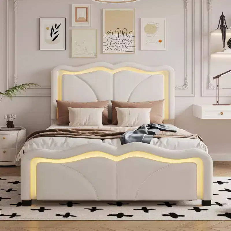 Twin/Full Upholstered Platform Bed with Adjustable Headboard and LED Light Strip