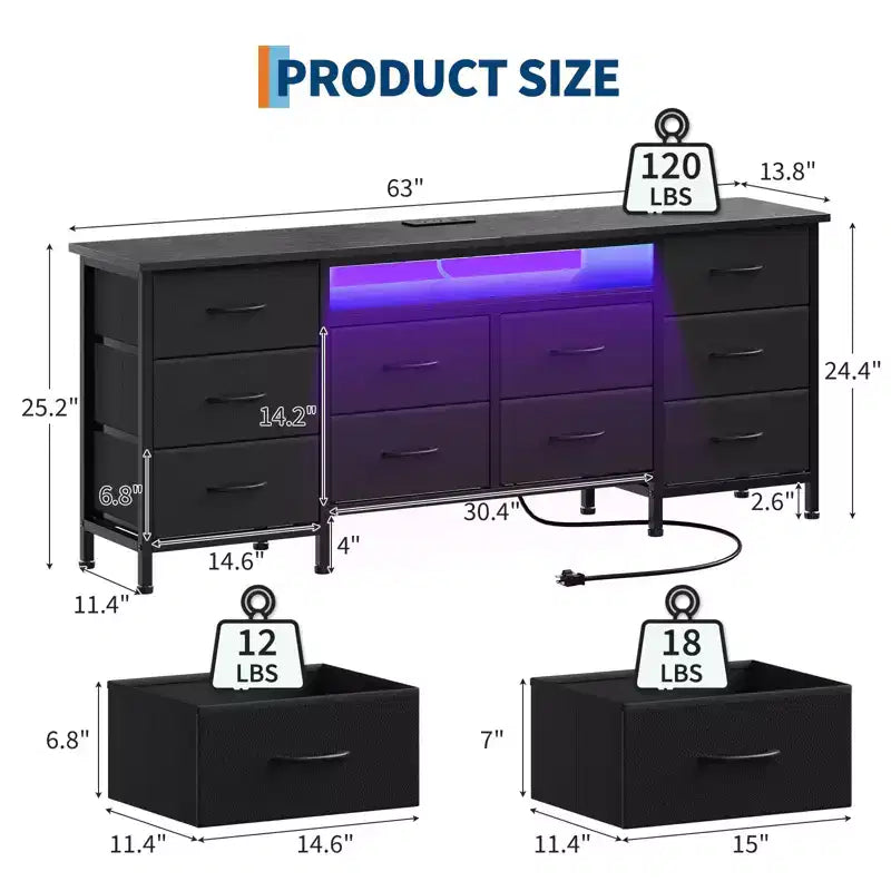 Commode de 160 cm avec 10 tiroirs en tissu, prise électrique, éclairage LED et support TV pour téléviseurs de 65 à 75 pouces